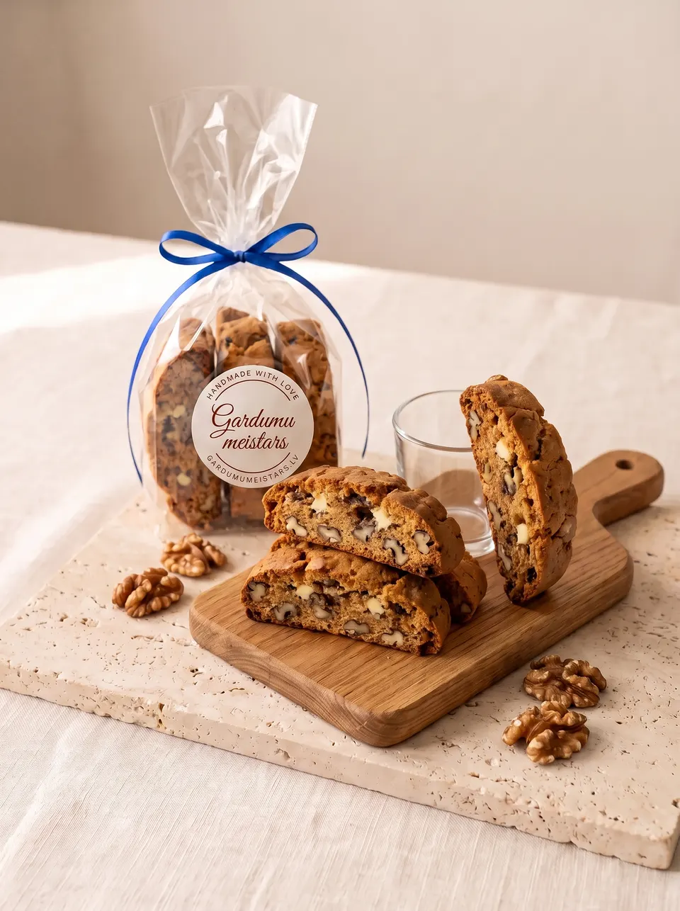 Ar rokām gatavoti biscotti uz lina auduma